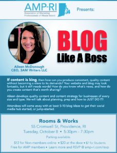 Image of flyer that says Blog Like a Boss with a picture of the speaker Aileen, a brunette with straight hair